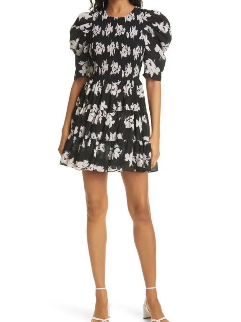 Cinq A Sept Hollis Smocked Mini Dress 
Black White  Light Pink Floral Size 6